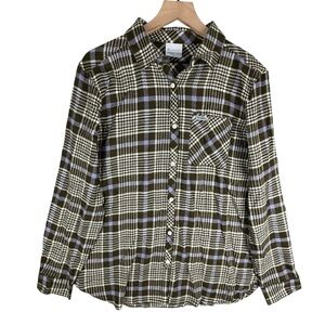 Columbia Flannel Shirt Brown Purple Plaid Womens Large Outdoor Hiking‎
